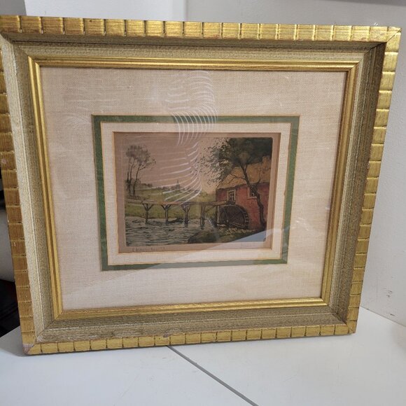 Vintage Colored Etching of a Mill from 1958 in Gold Frame
